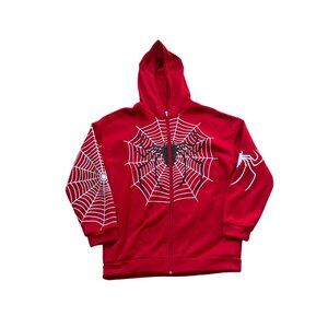 Red Spider Web Zip Up Hoodie Graphic Print Polyester Blend